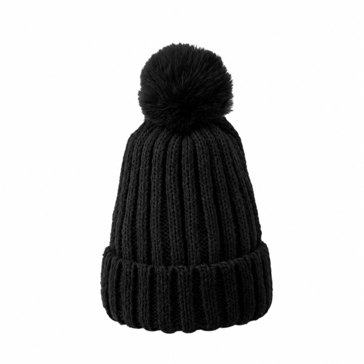 Polyester Rib Cuff Pom Beanie — Black