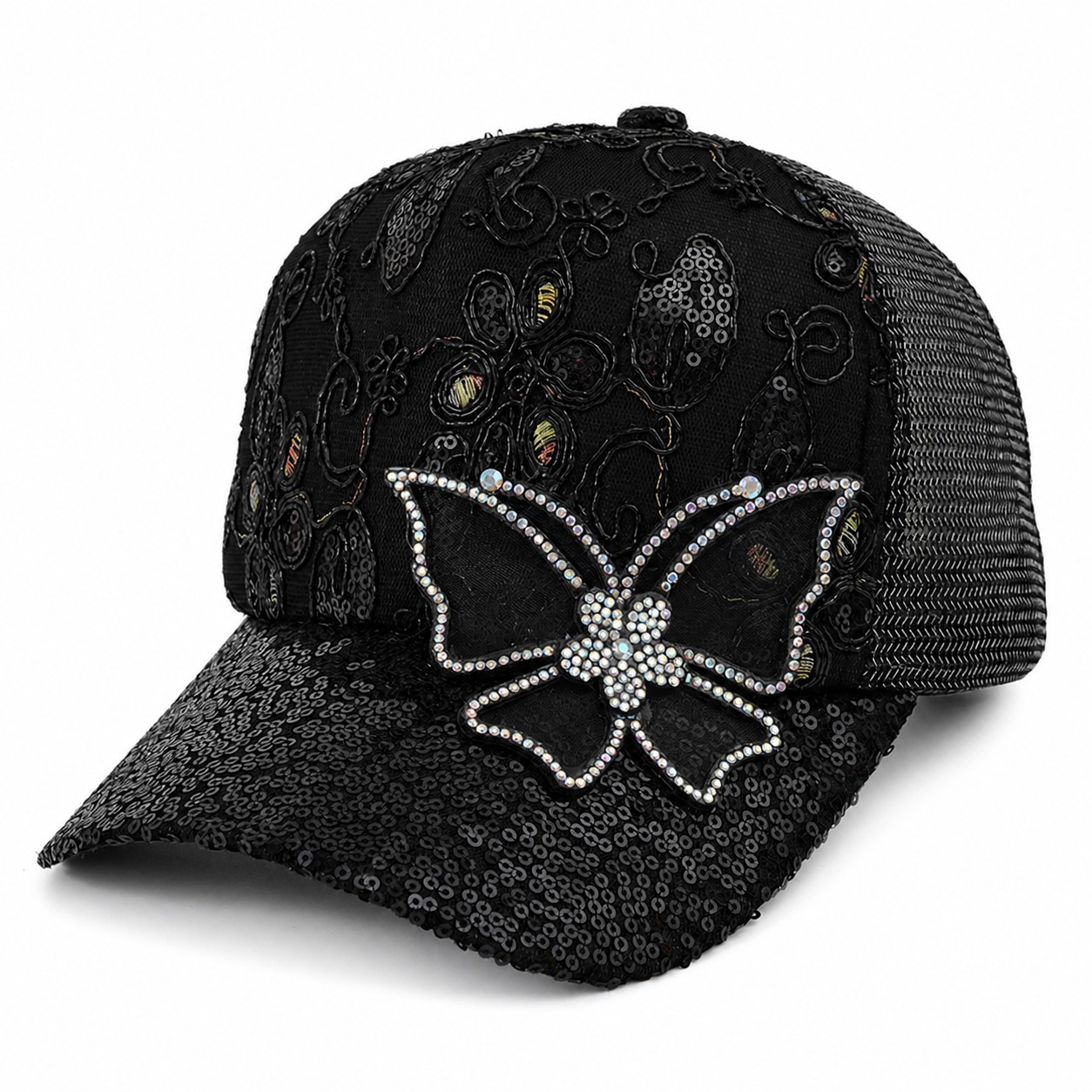 Butterfly Rhinestone Mesh Baseball Cap — Black