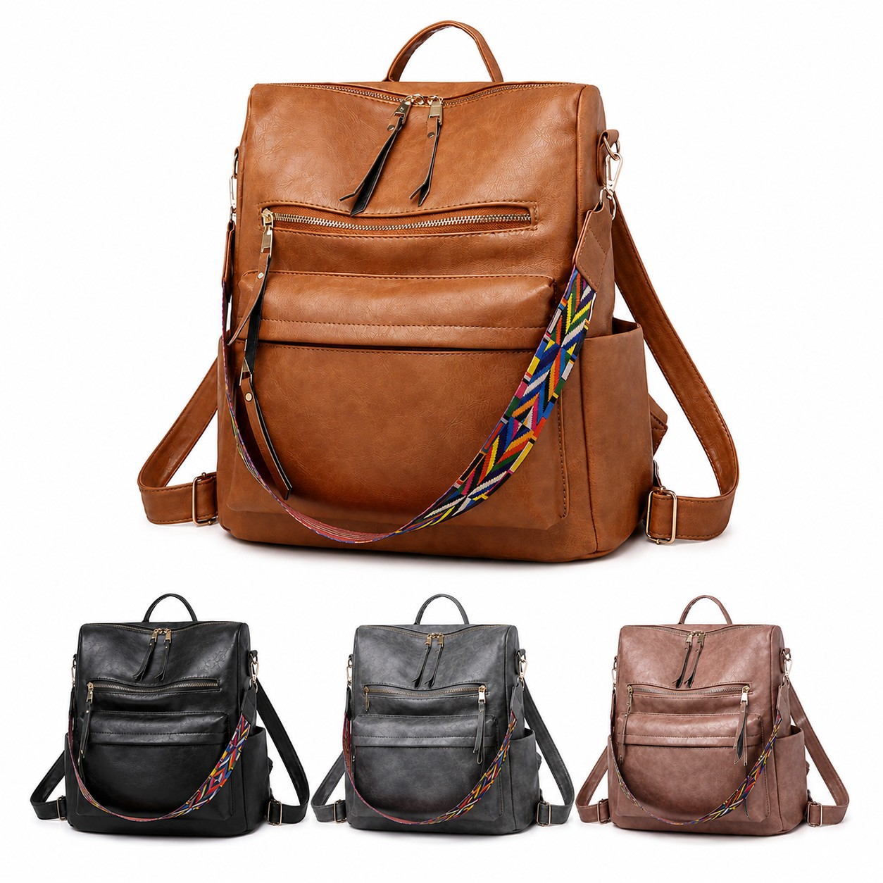 PU Leather Backpack Purse With Strap