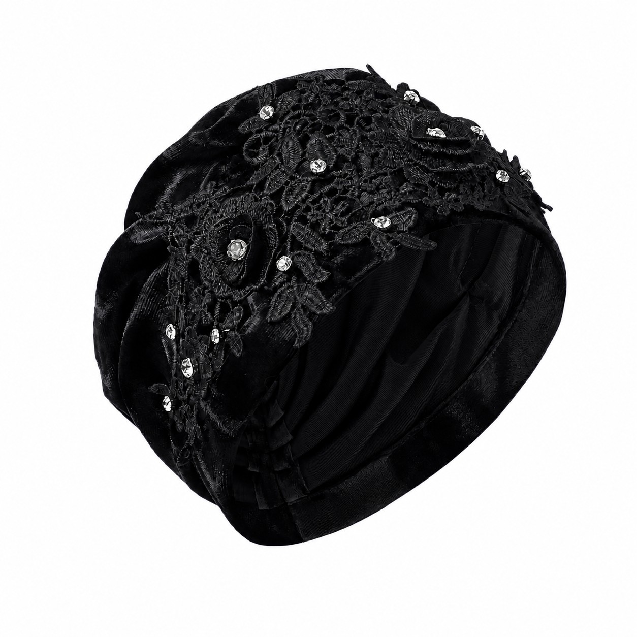 Velvet Lace Flower Turban Hat — Black