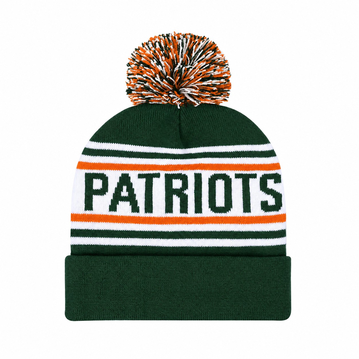 Acrylic Jacquard Knit Pom Beanie — Dark Green/White/Orange