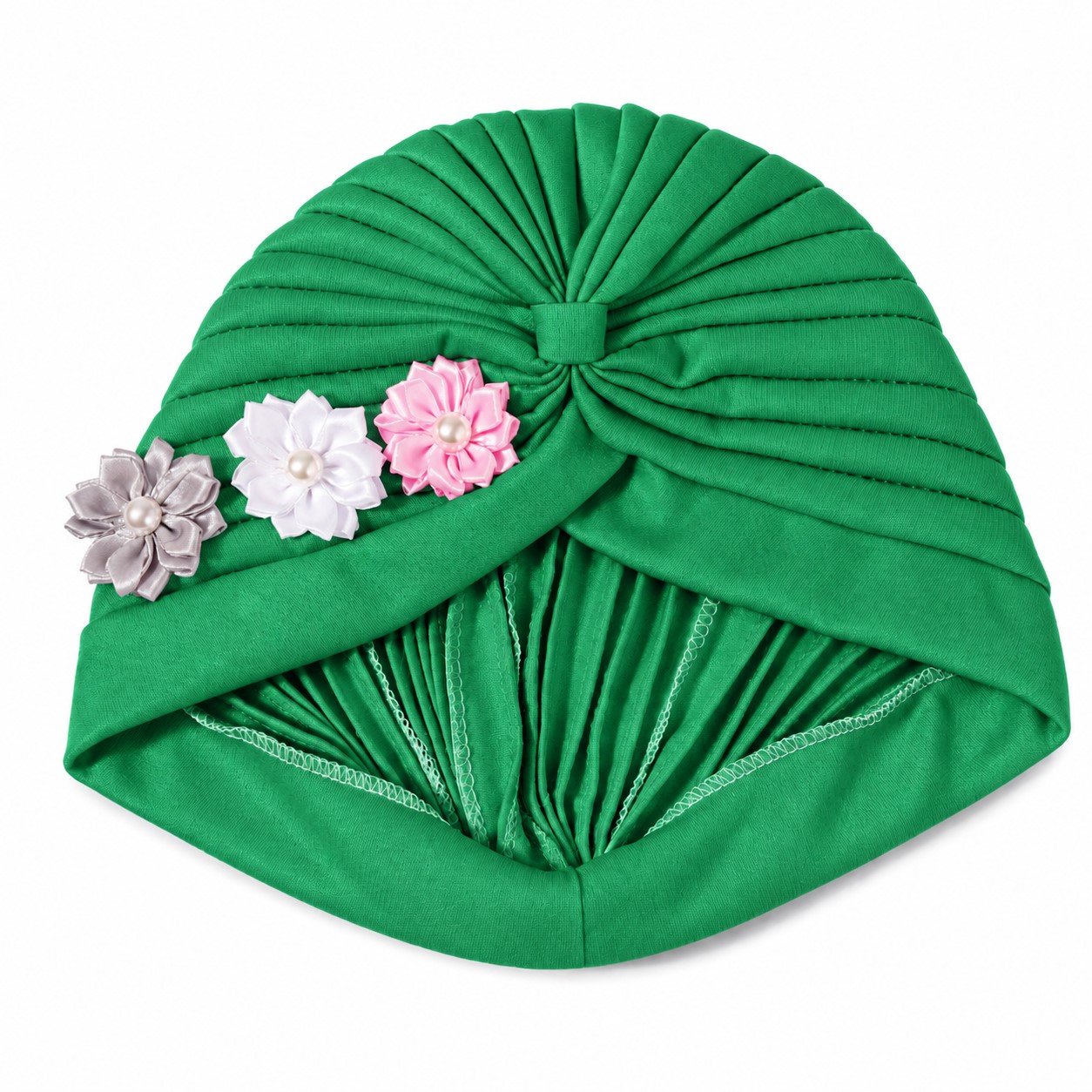 Pleated Polyester Floral Turban Wrap — Green