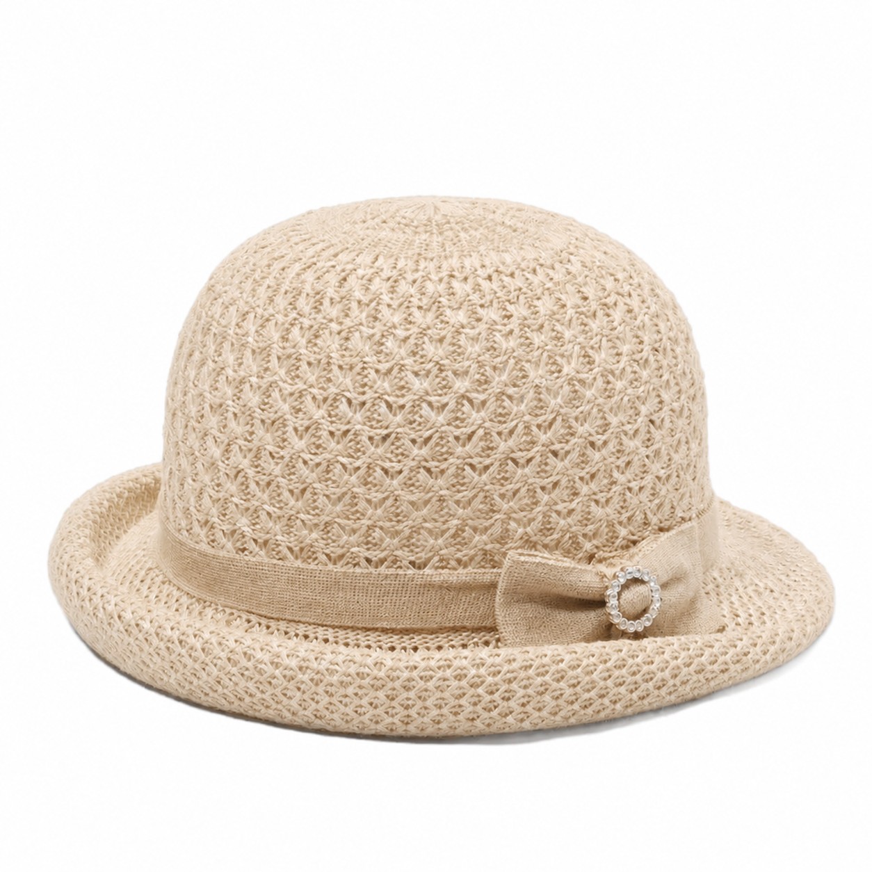 Straw Rolled Brim Cloche Hat — Beige