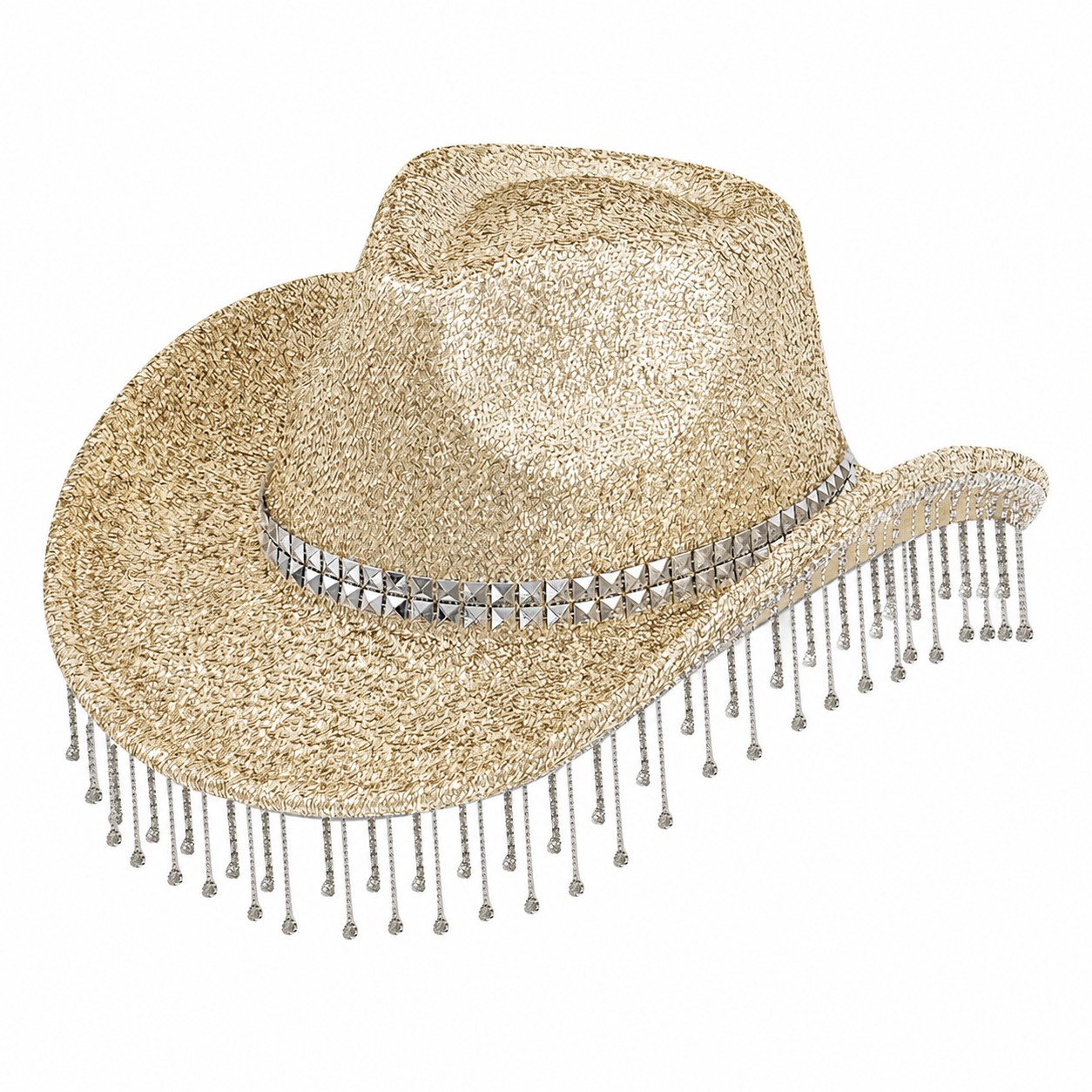 Polyester Rhinestone Tassel Cowboy Hat — Light Gold