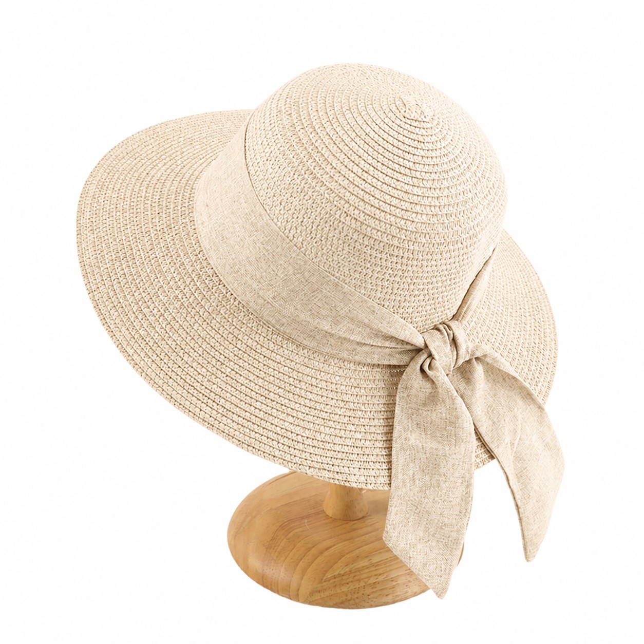 Straw Tie Band Sun Hat — Beige