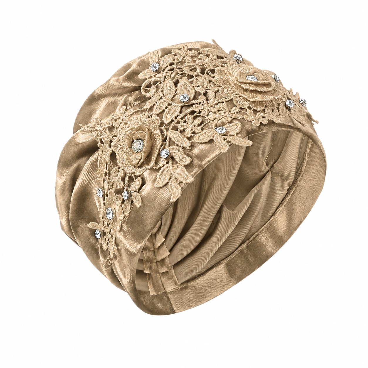 Velvet Lace Flower Turban Hat — Khaki Beige