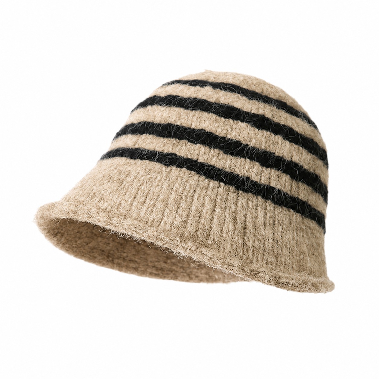 Cotton Striped Fisherman Bucket Hat — Khaki Beige