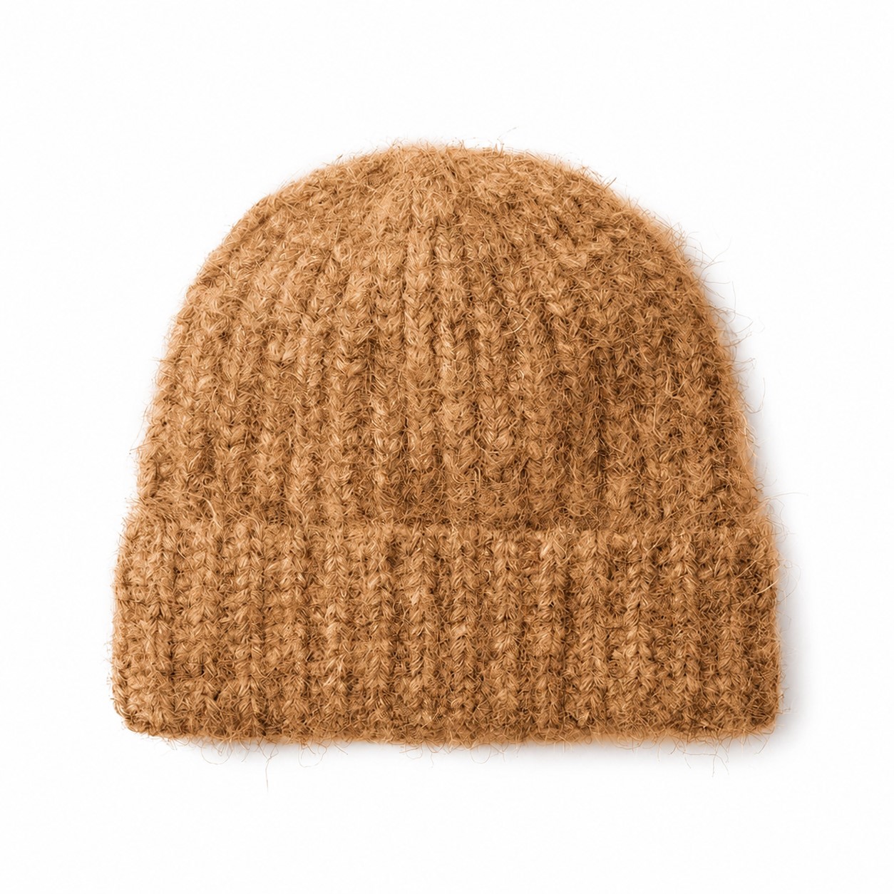 Fuzzy Polyester Cuffed Watch Beanie — Camel Brown