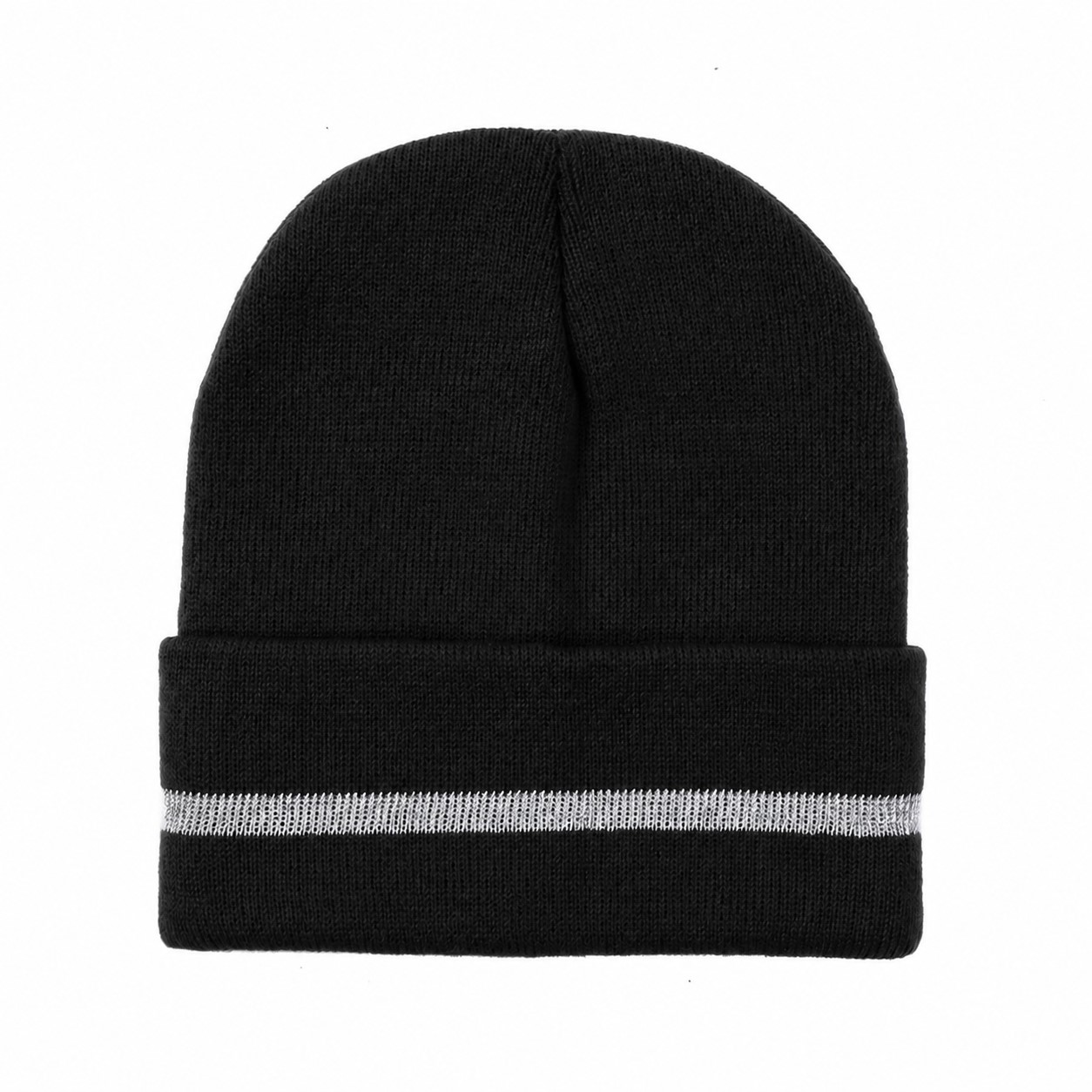 Reflective Stripe Polyester Cuffed Beanie — Black