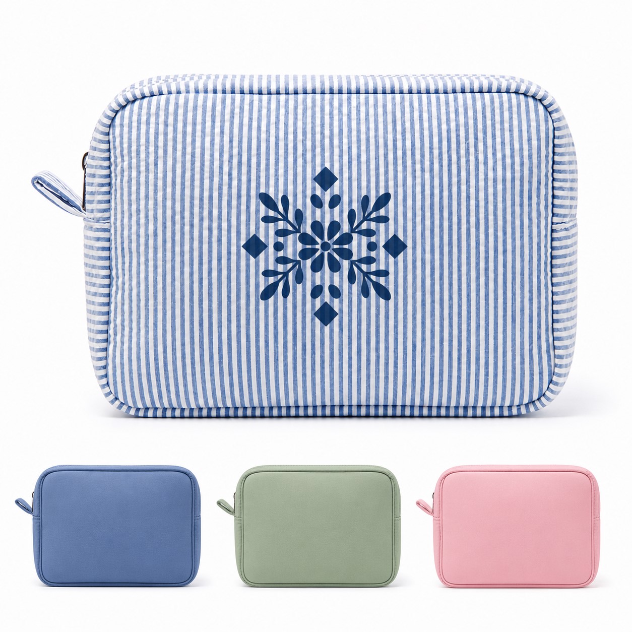 Seersucker Cosmetic Organizer Bag With Zipper