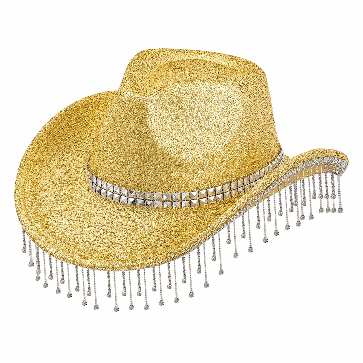 Polyester Rhinestone Tassel Cowboy Hat — Gold