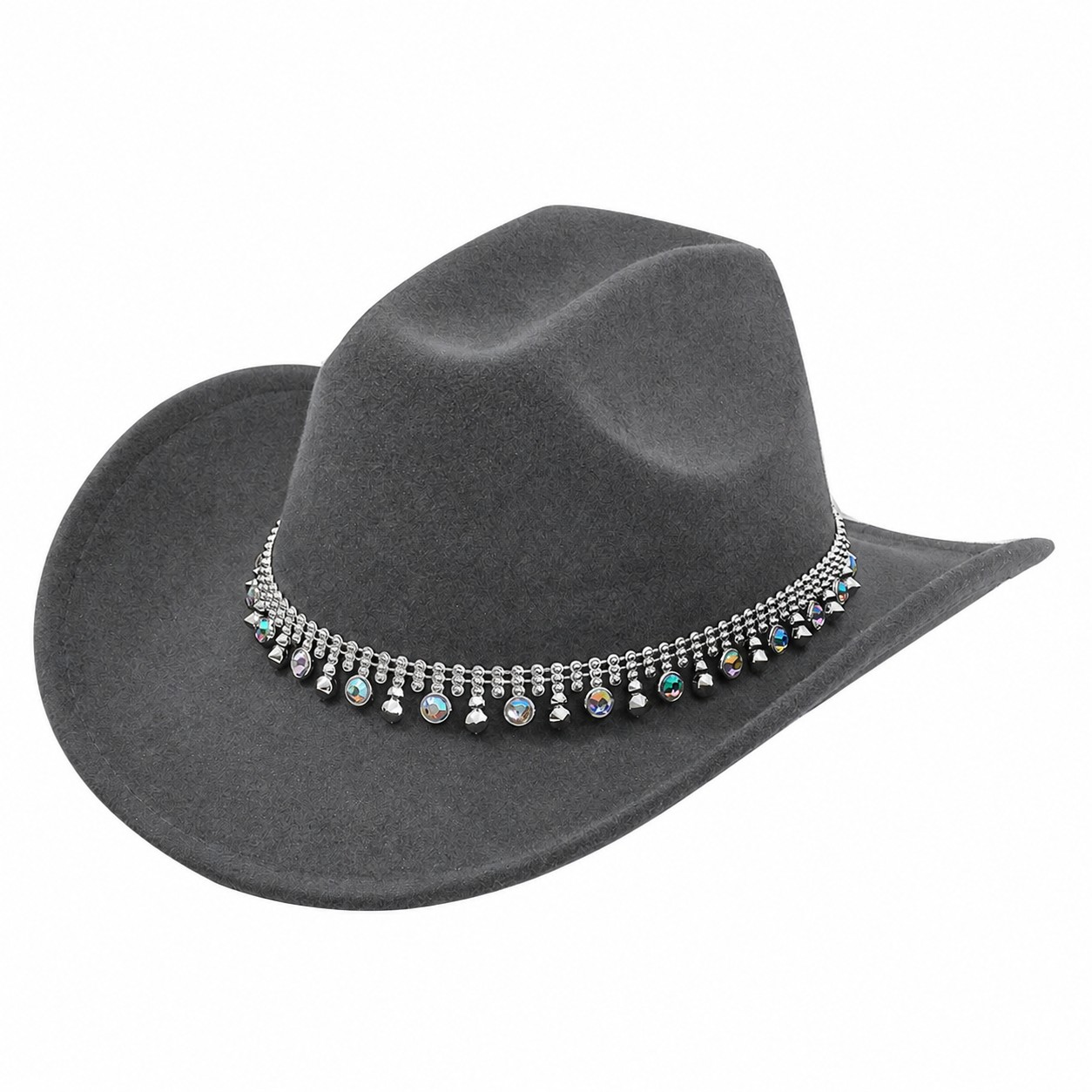 Jeweled Band Polyester Cowboy Hat — Gray