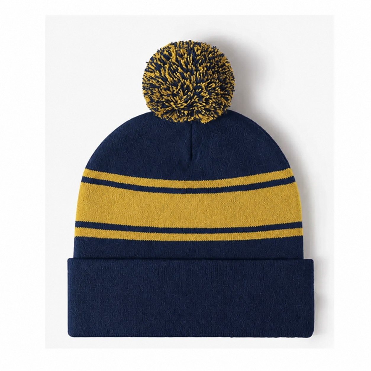 Acrylic Stripe Pom Beanie Hat — Navy Blue