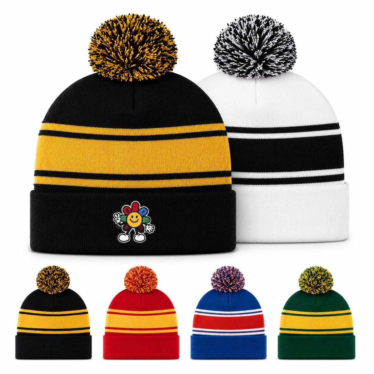 Sport Stripe Acrylic Pompom Beanie