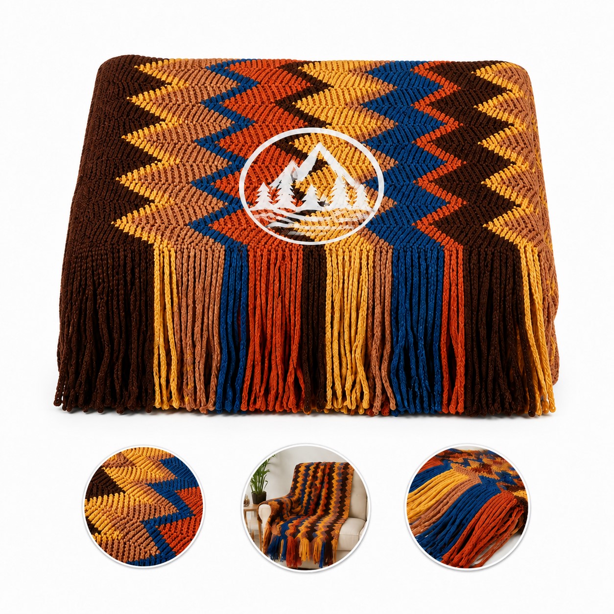 Oversized Fringed Geometric Knit Throw