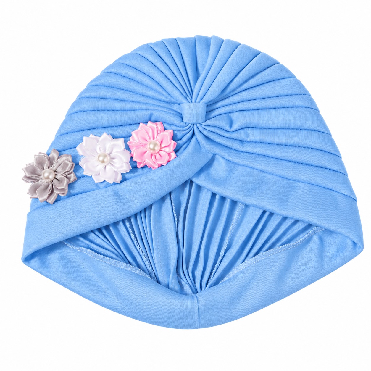 Pleated Polyester Floral Turban Wrap — Blue