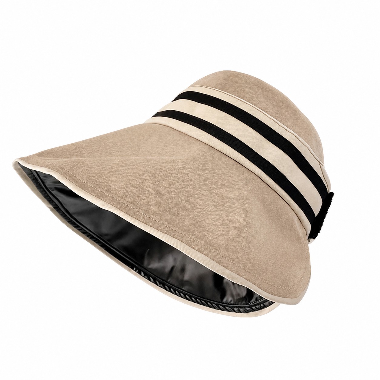 Striped Polyester Wide Brim Sun Hat — Beige