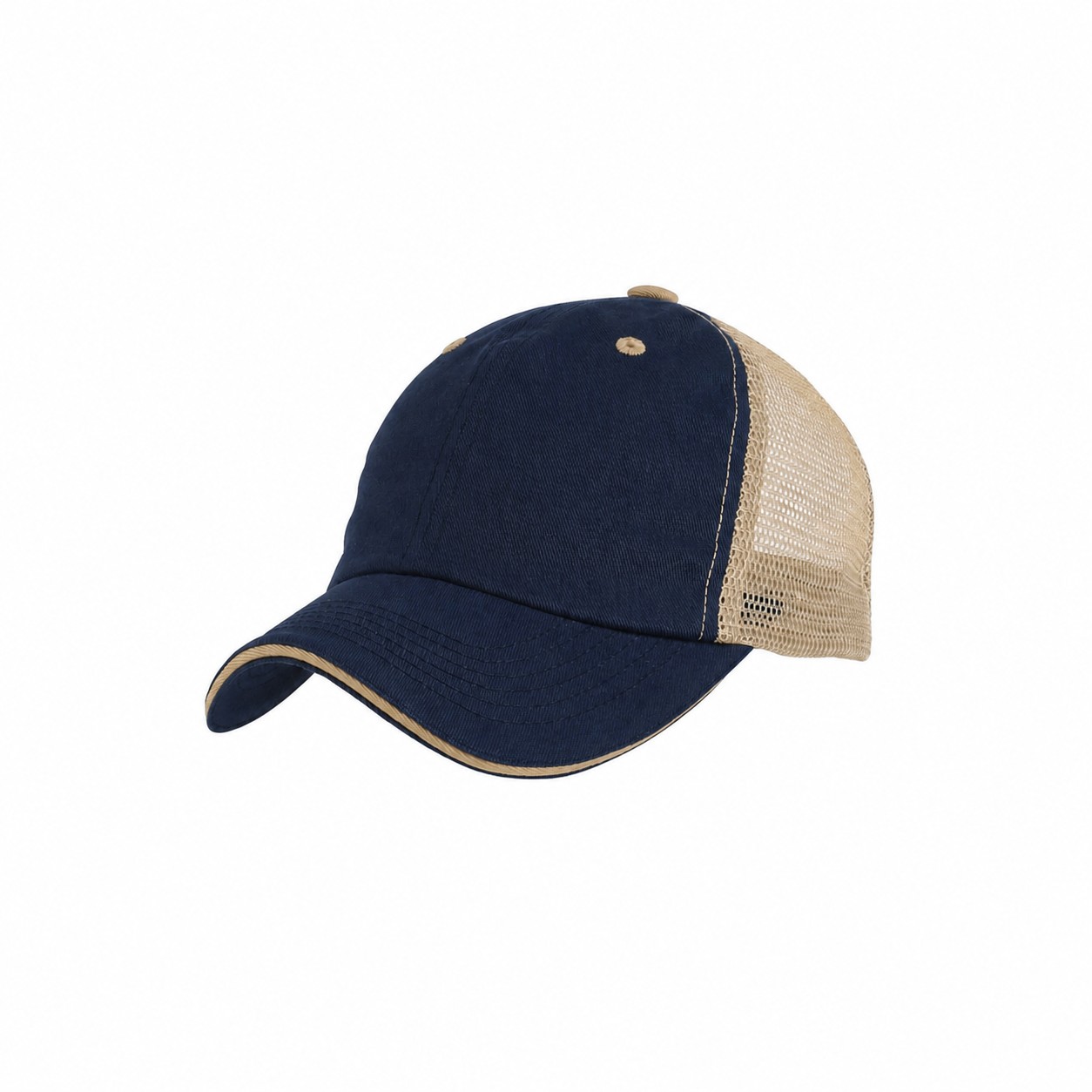 Washed Cotton Mesh Trucker Cap — Navy Blue/Khaki Beige