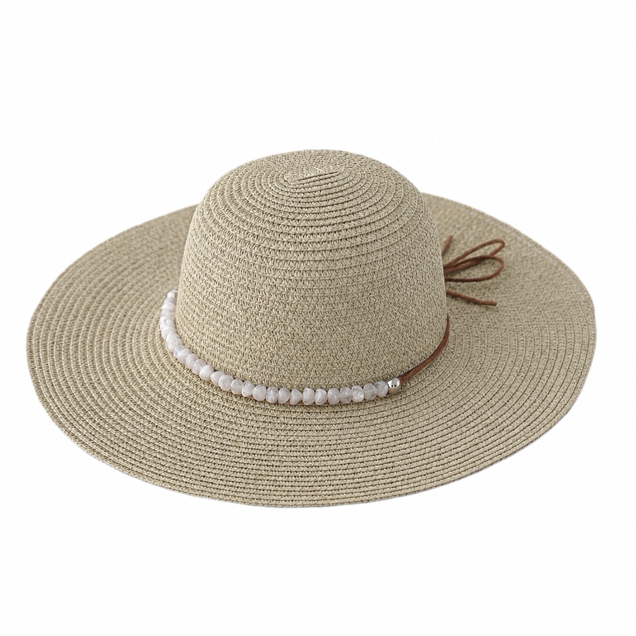 Pearl Band Wide Brim Sun Hat — Khaki Beige