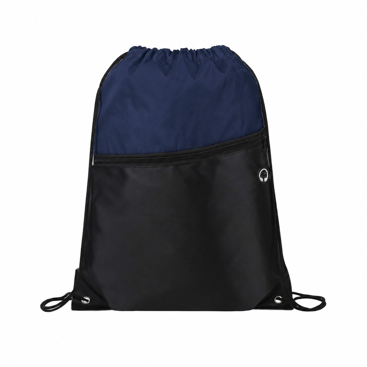 Two-Tone Zipper Drawstring Backpack — Navy Blue