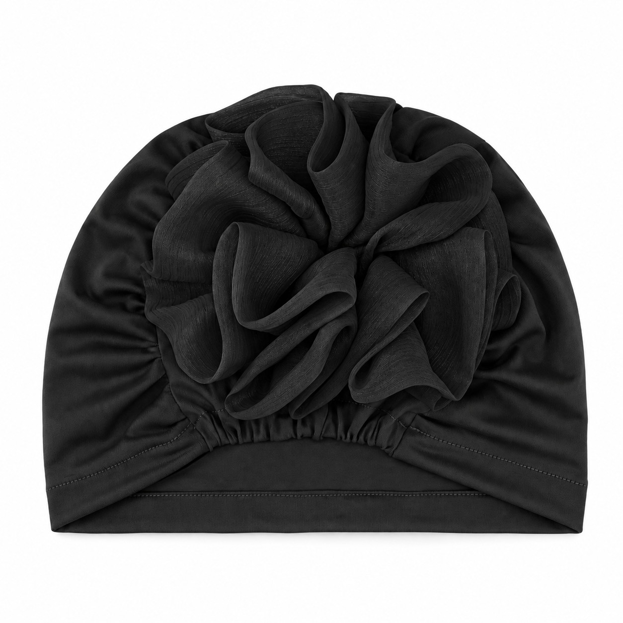 Polyester Floral Elastic Turban Hat — Black