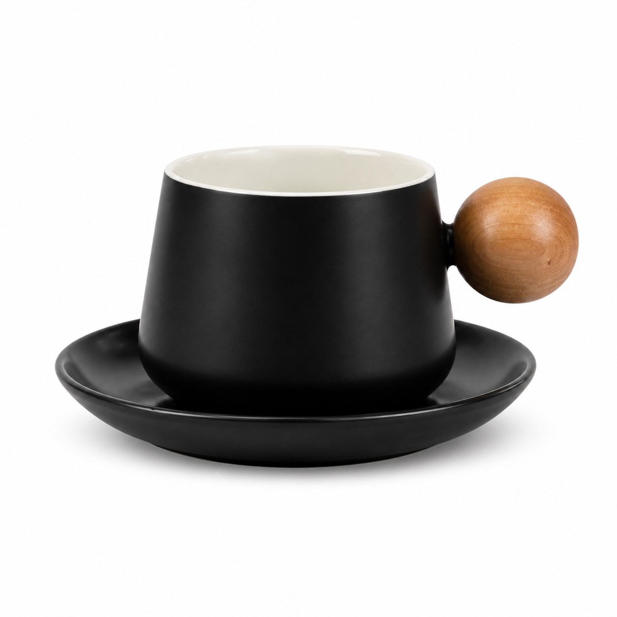 Ceramic Coffee Cup And Saucer With Wood Handle — view 2