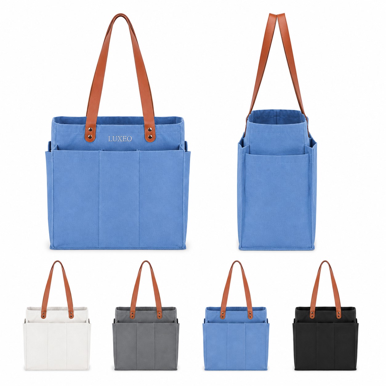 Structured Canvas Grocery Tote With Exterior Pockets