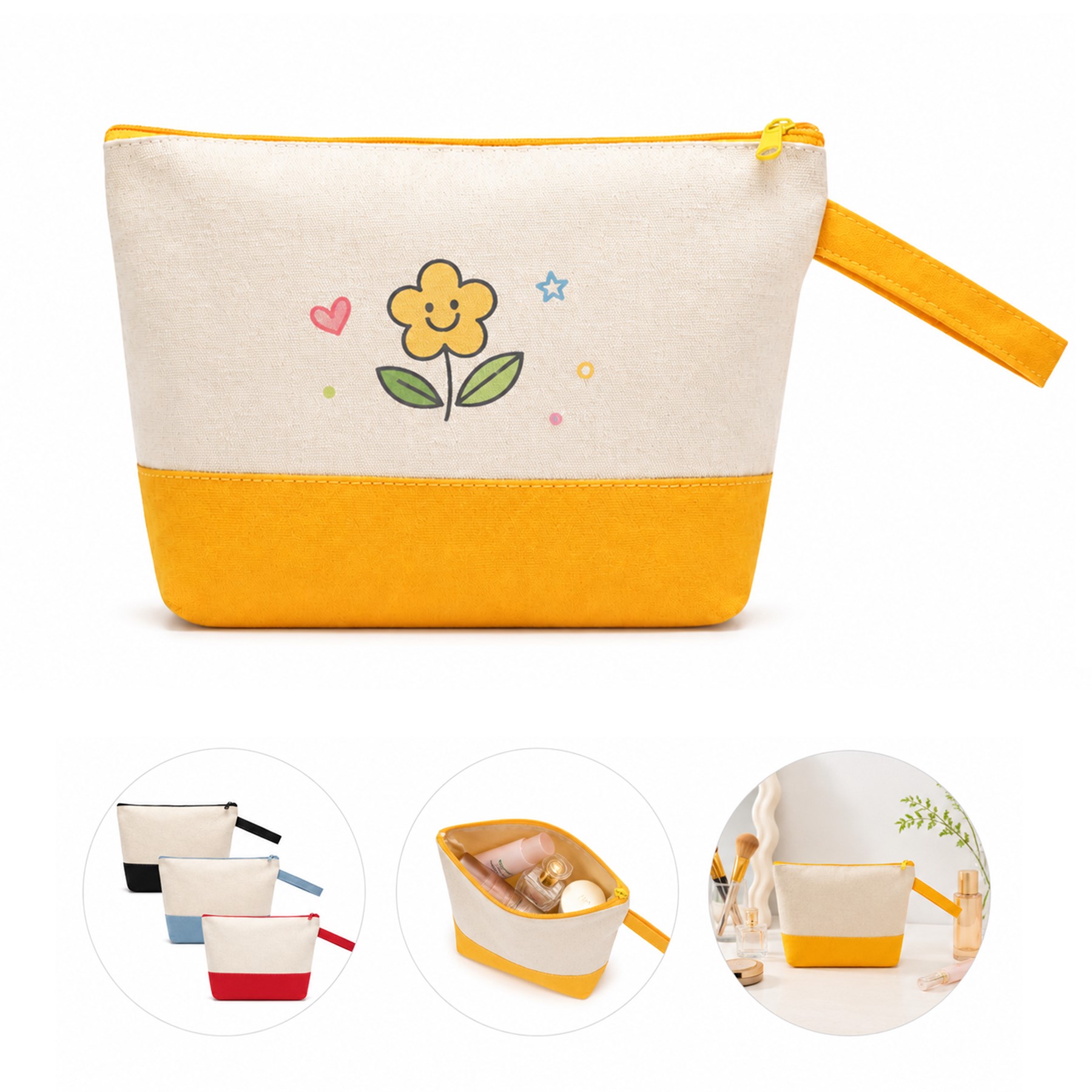 Two Tone Canvas Makeup Pouch With Wrist Strap
