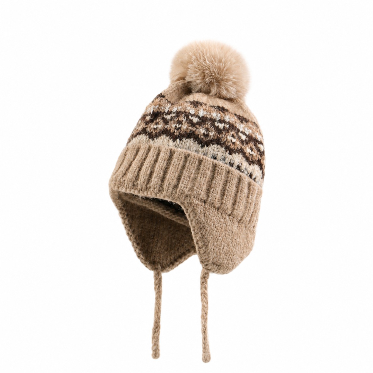 Polyester Earflap Pom Beanie — Dark Khaki Beige
