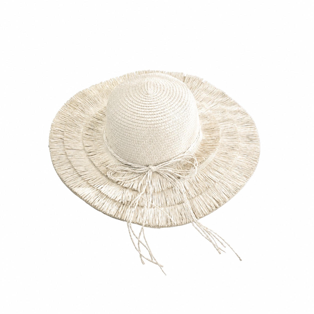 Straw Fringe Wide Brim Sun Hat — Cream White