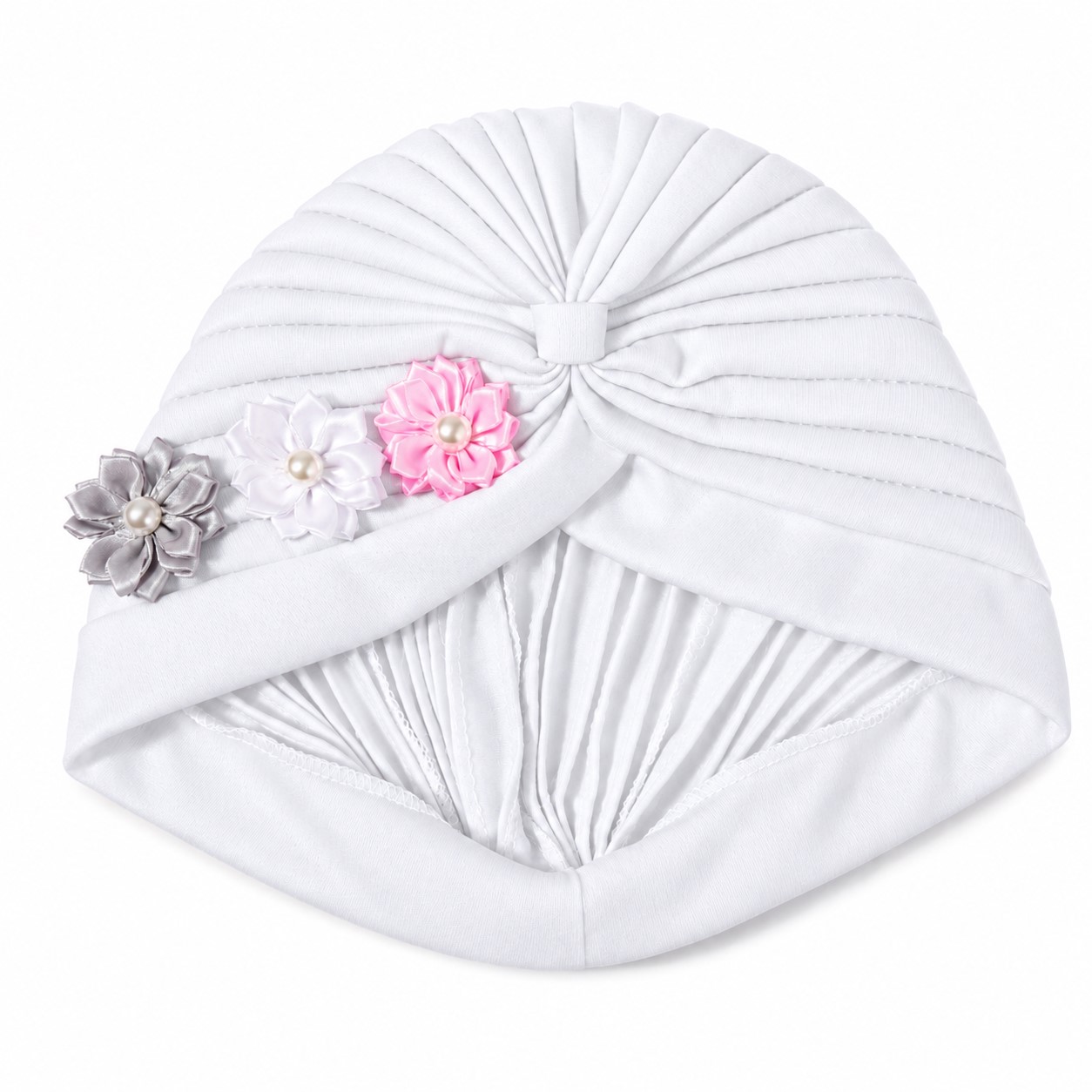 Pleated Polyester Floral Turban Wrap — White