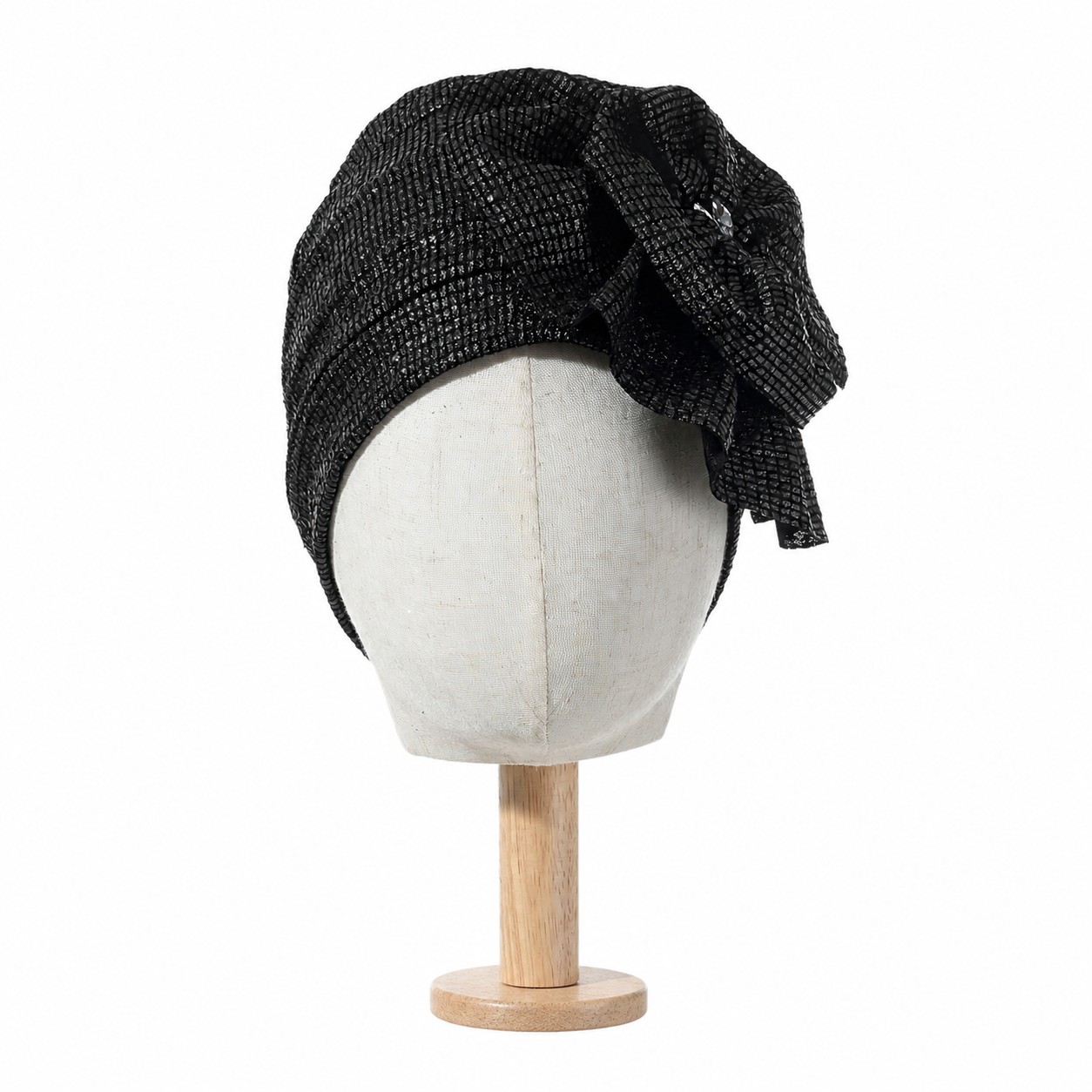 Fishnet Rhinestone Turban Headwrap Hat — Black
