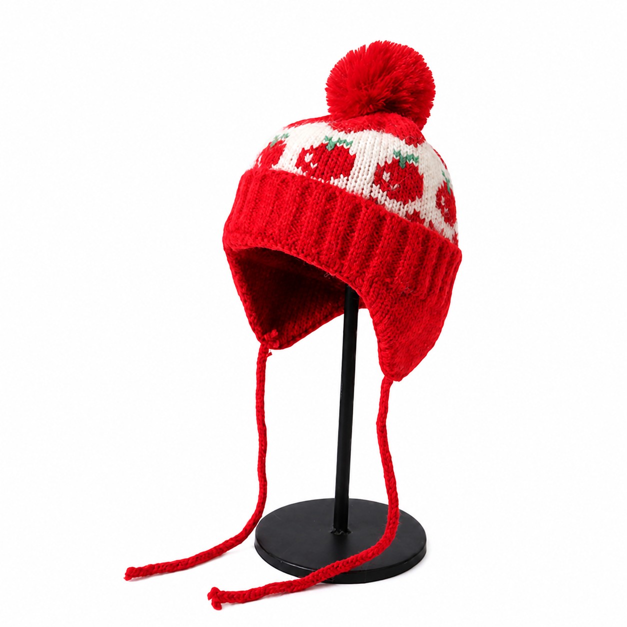 Acrylic Cherry Earflap Pom Beanie — Red