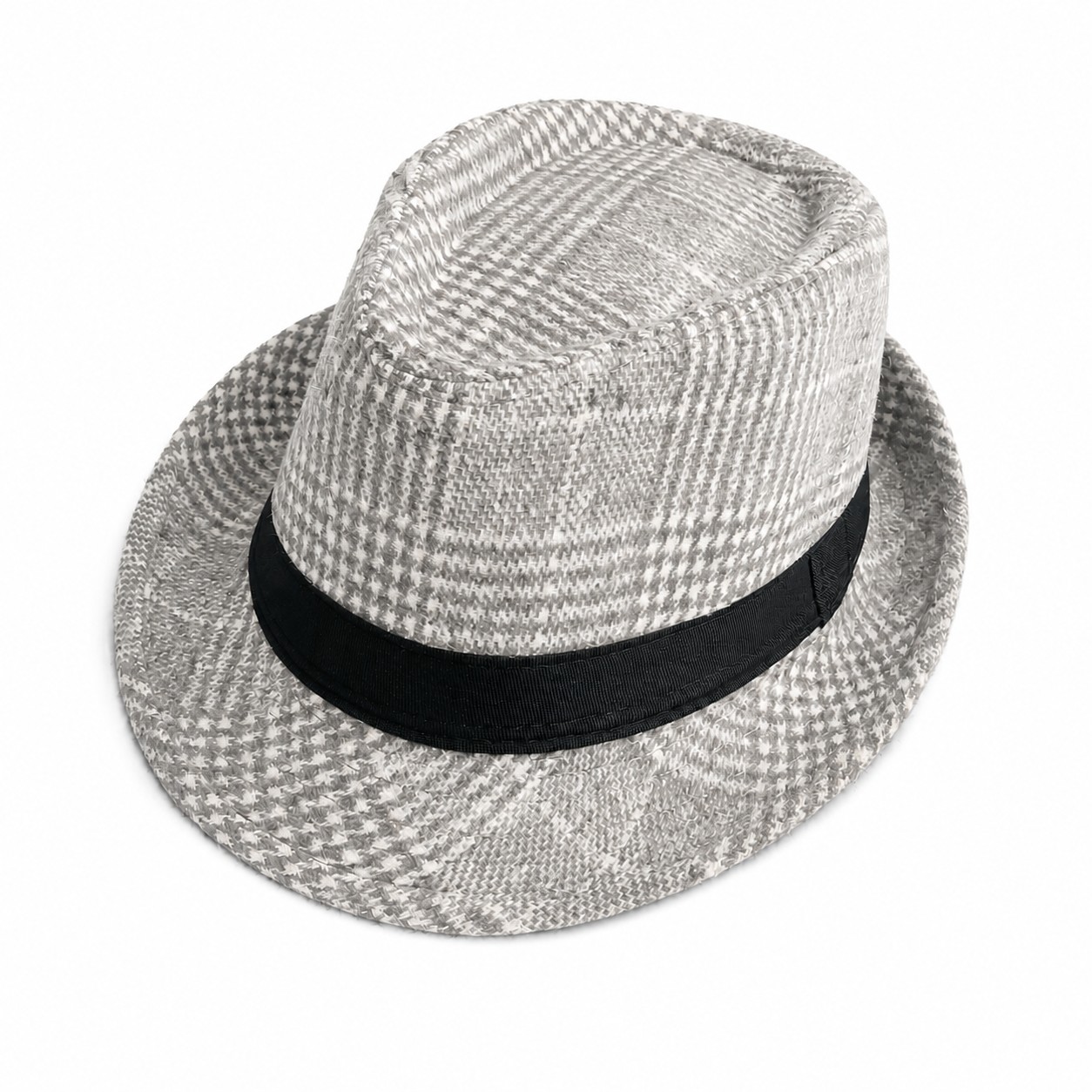 Polyester Plaid Fedora With Ribbon Band — Light Gray
