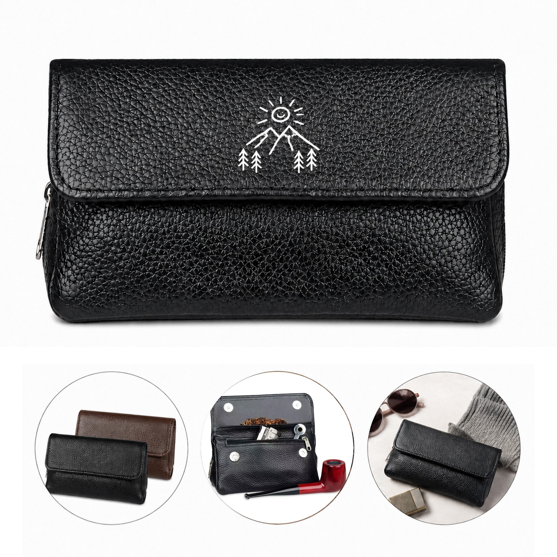 Compact Leather Three Compartment Tobacco Bag