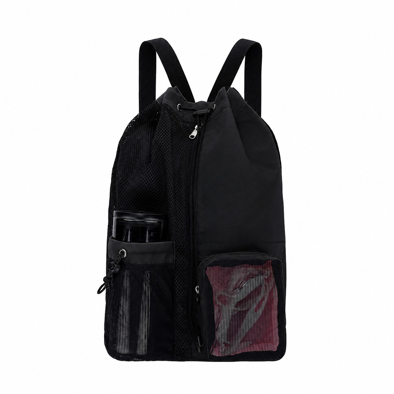 Mesh Pocket Drawstring Bag — Black
