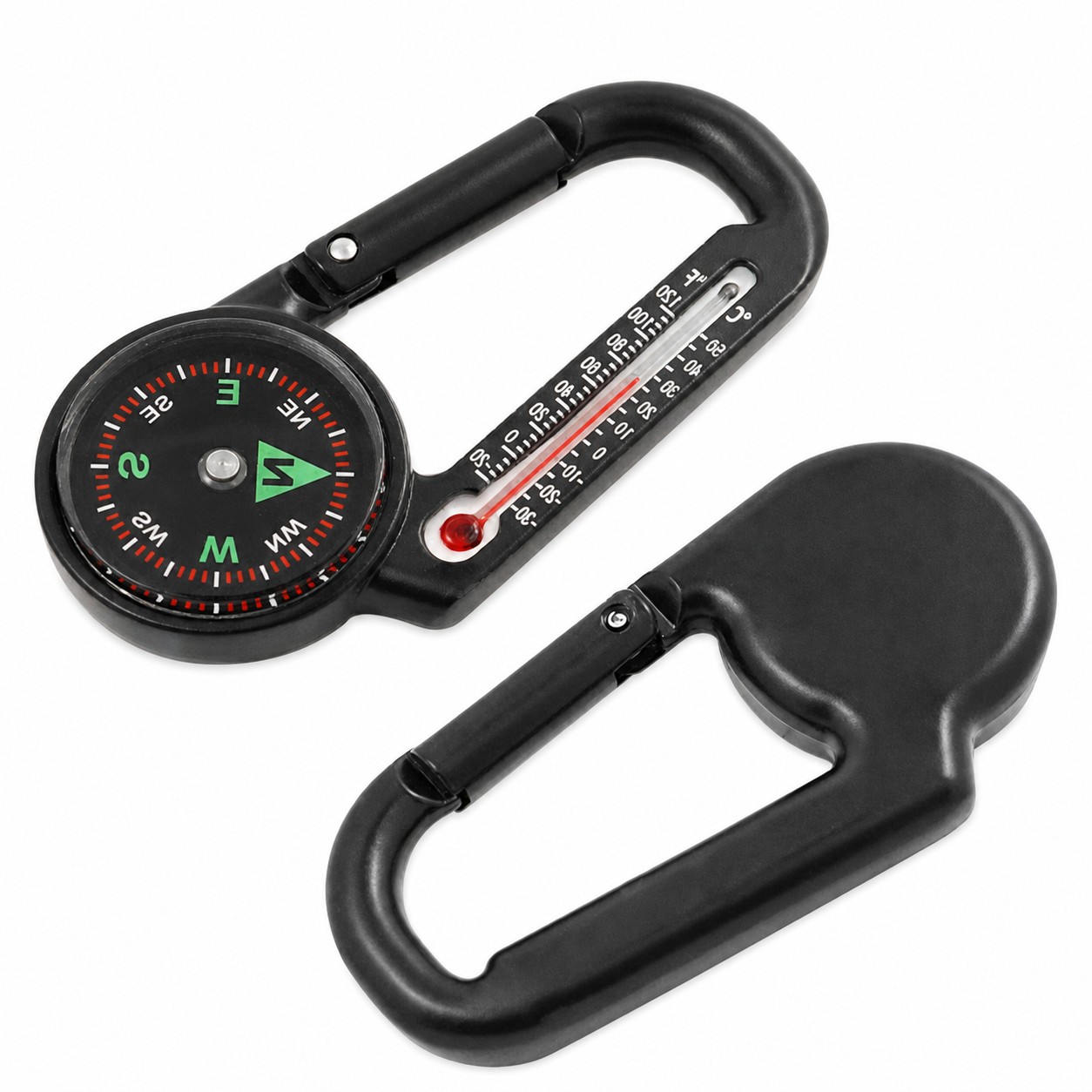 Clip On Compass Thermometer Keychain — Black