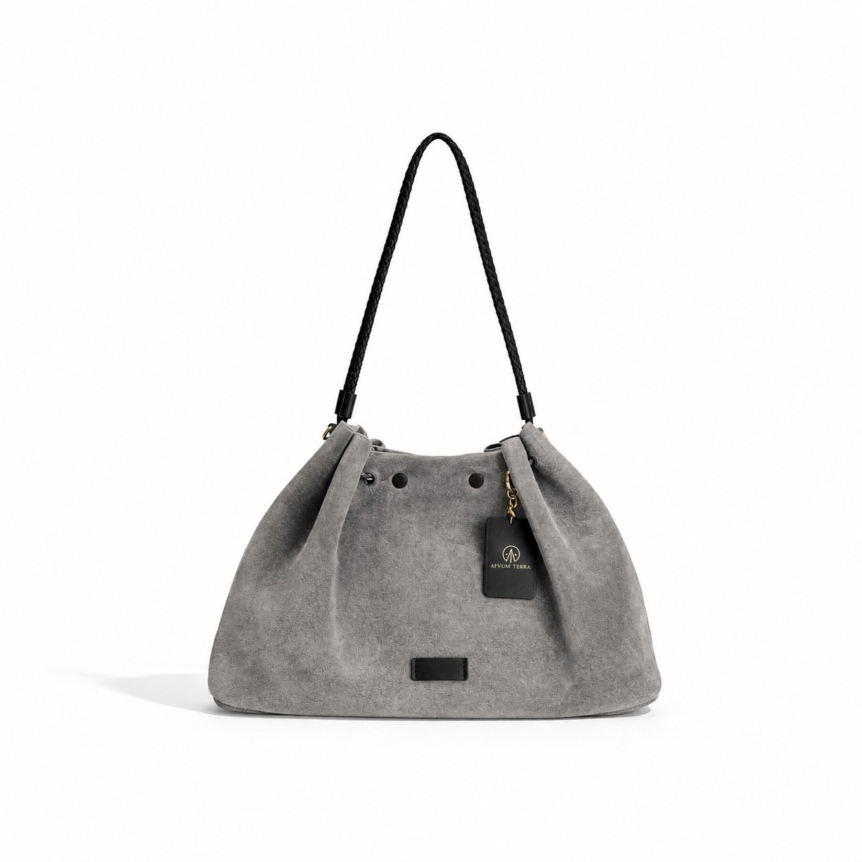 Suede Drawstring Shoulder Bag — Gray