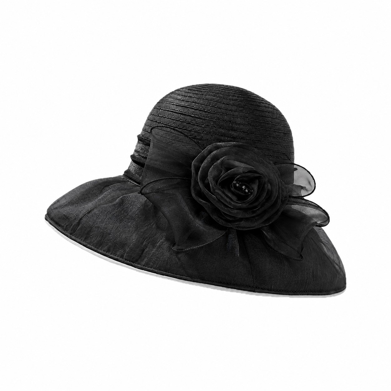 Organza Wide Brim Flower Hat — Black