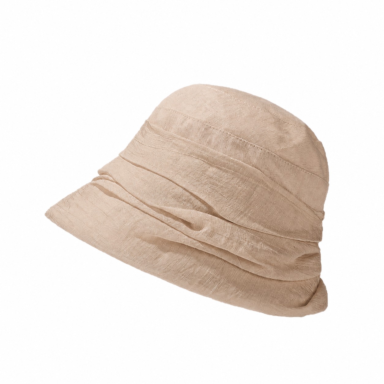 Pleated Polyester Cotton Bucket Hat — Beige
