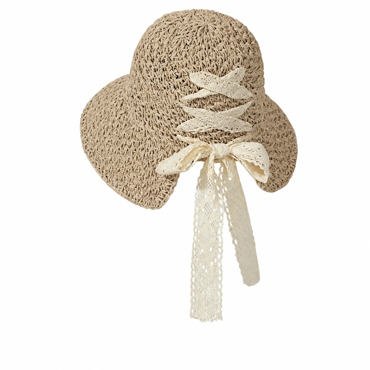 Straw Lace Tie Sun Hat — Khaki Beige