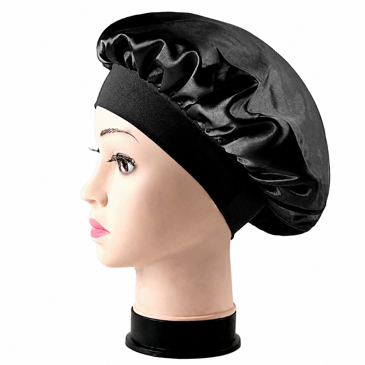 Satin Wide Band Sleep Bonnet — Black