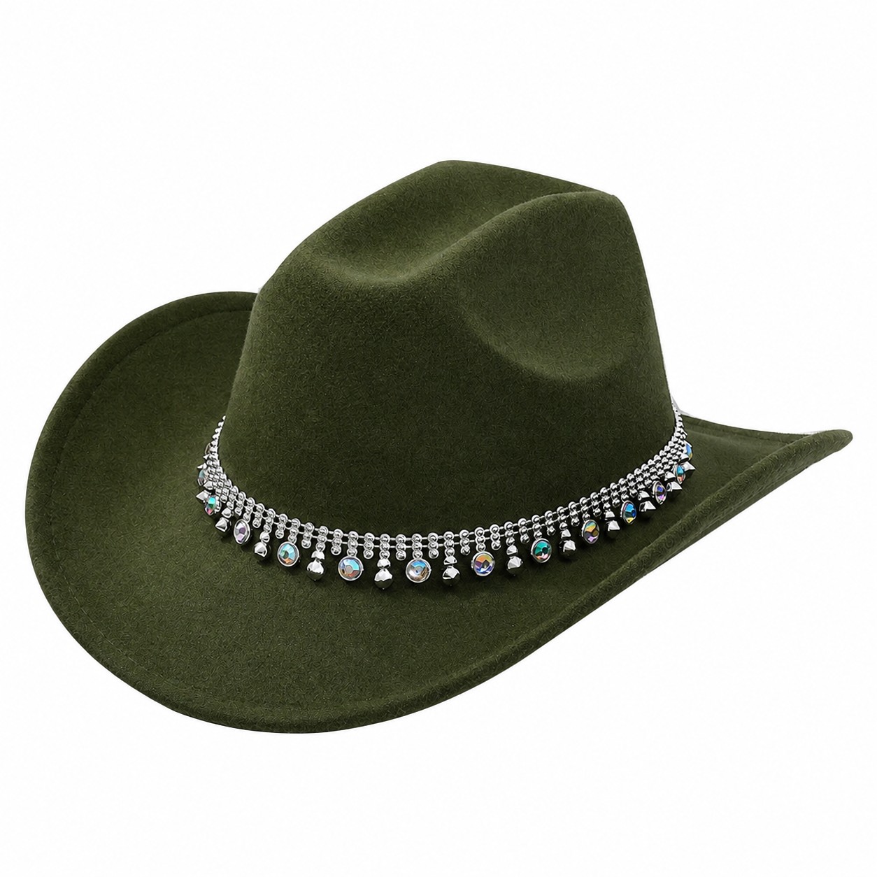 Jeweled Band Polyester Cowboy Hat — Army Green