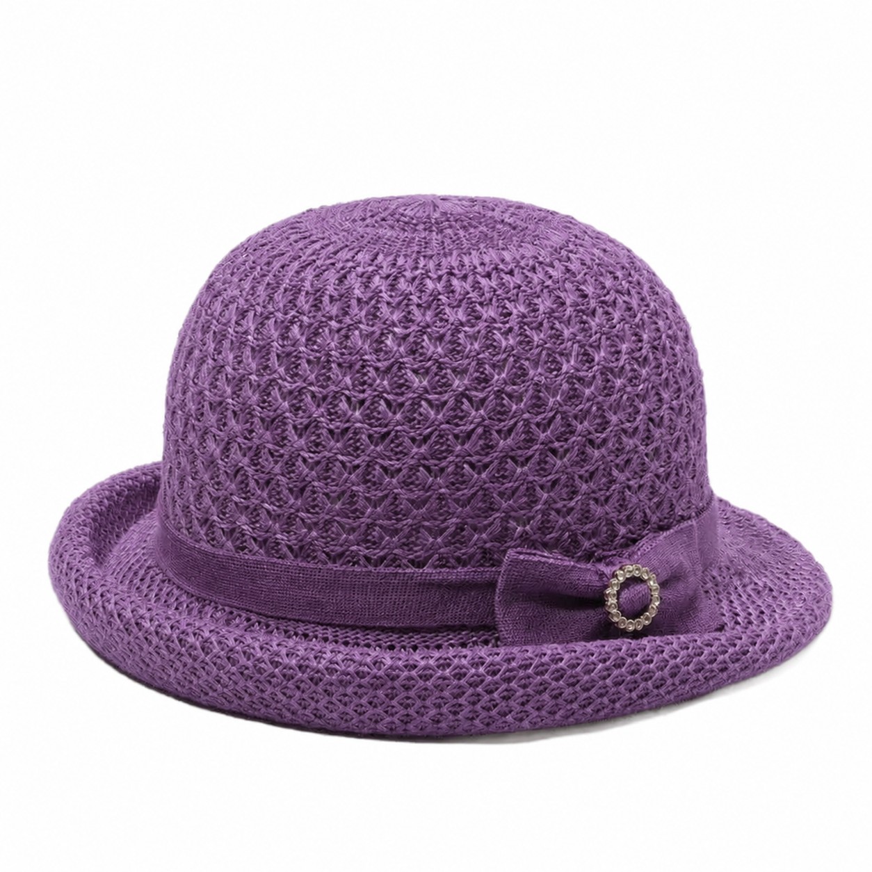 Straw Rolled Brim Cloche Hat — Purple
