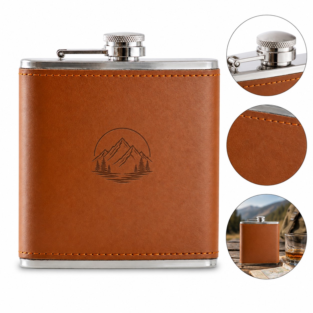 Stitched Leather Stainless Steel Hip Flask