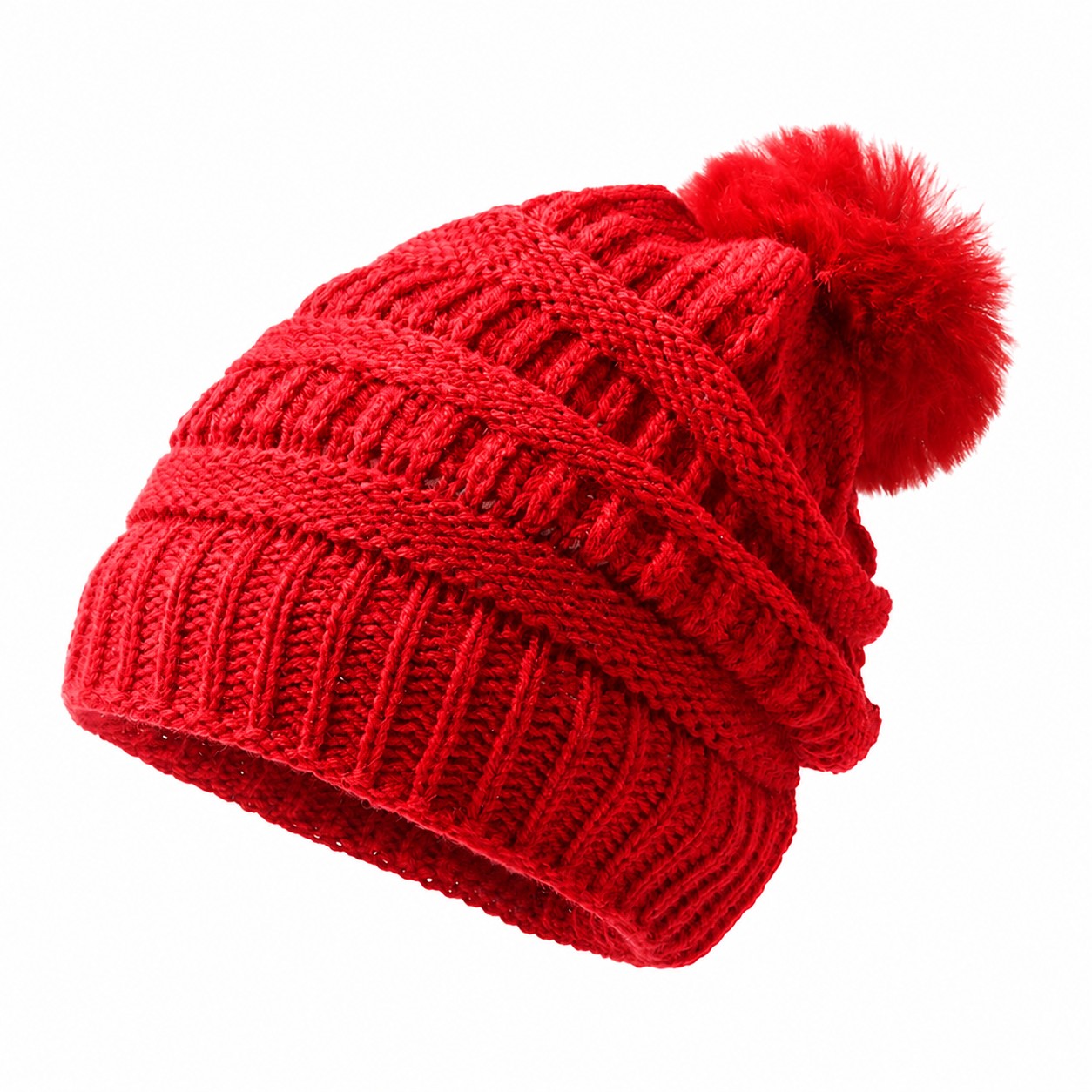 Ribbed Acrylic Pom Beanie Hat — Red