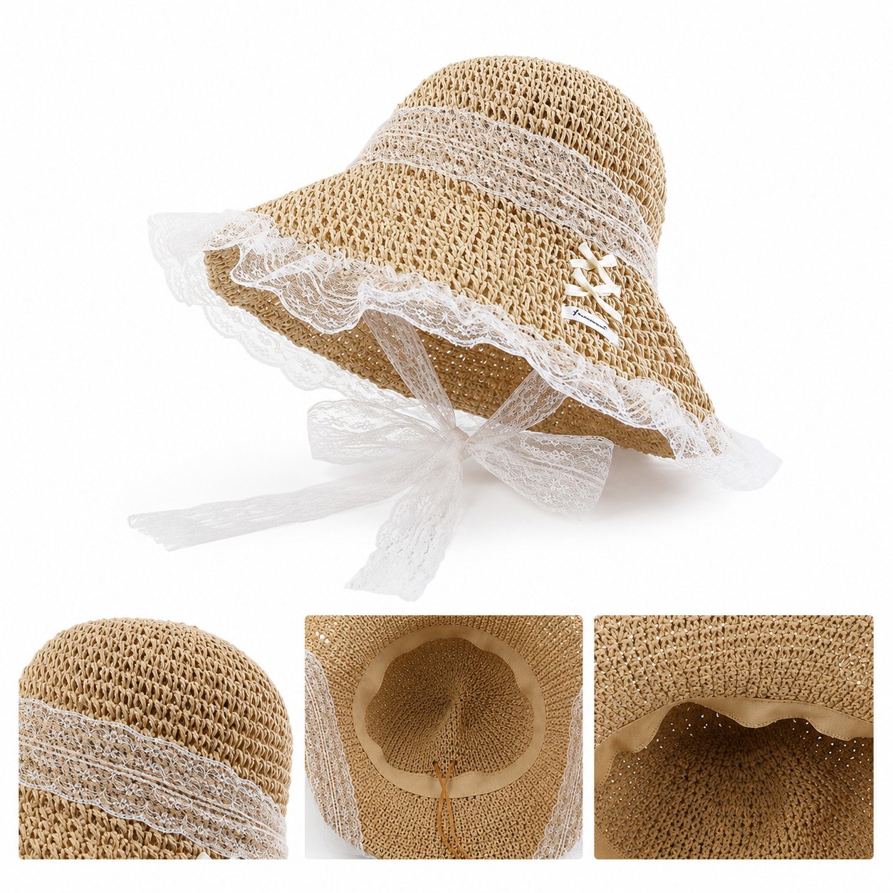 Straw Sun Hat With Lace Trim