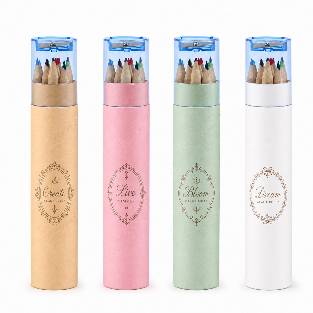 Cylindrical Wood Colored Pencil Set With Sharpener