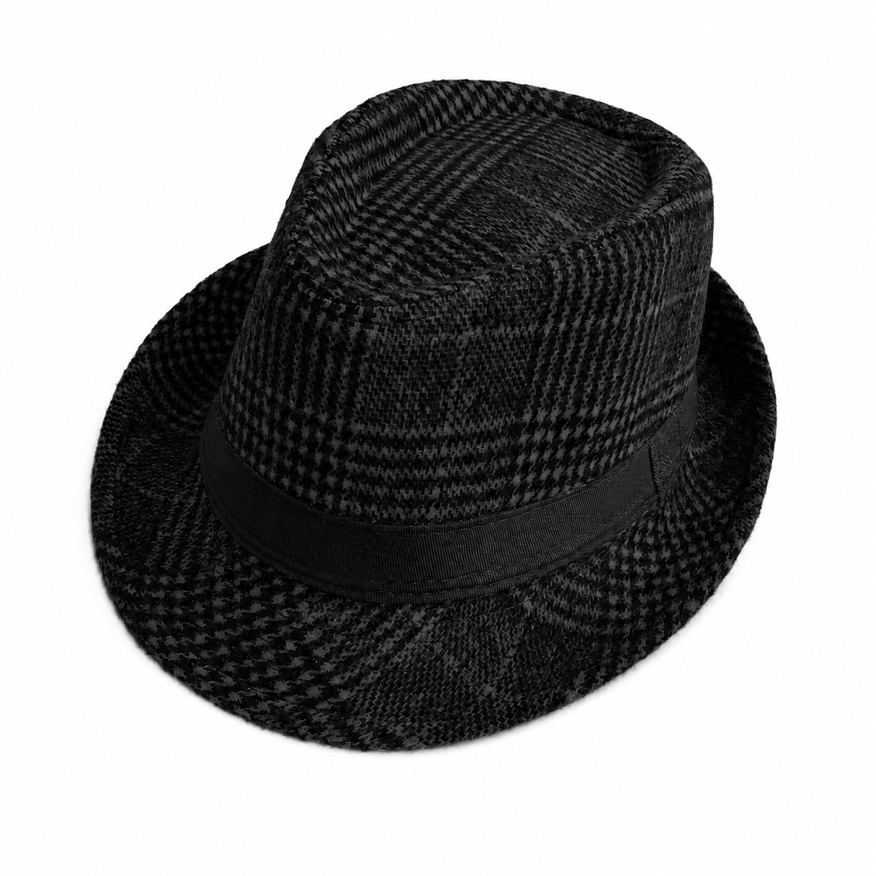 Polyester Plaid Fedora With Ribbon Band — Black