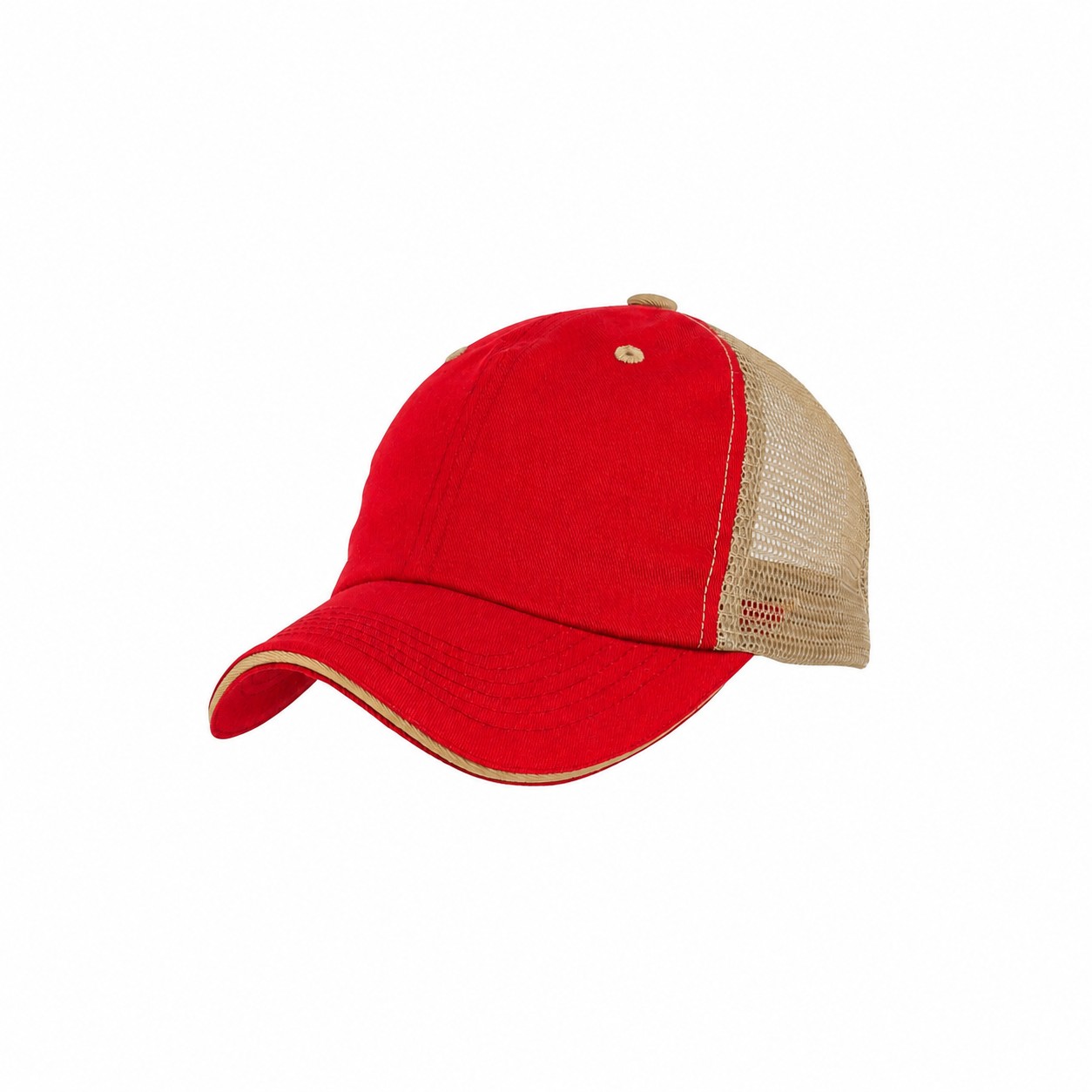 Washed Cotton Mesh Trucker Cap — Red/Khaki Beige
